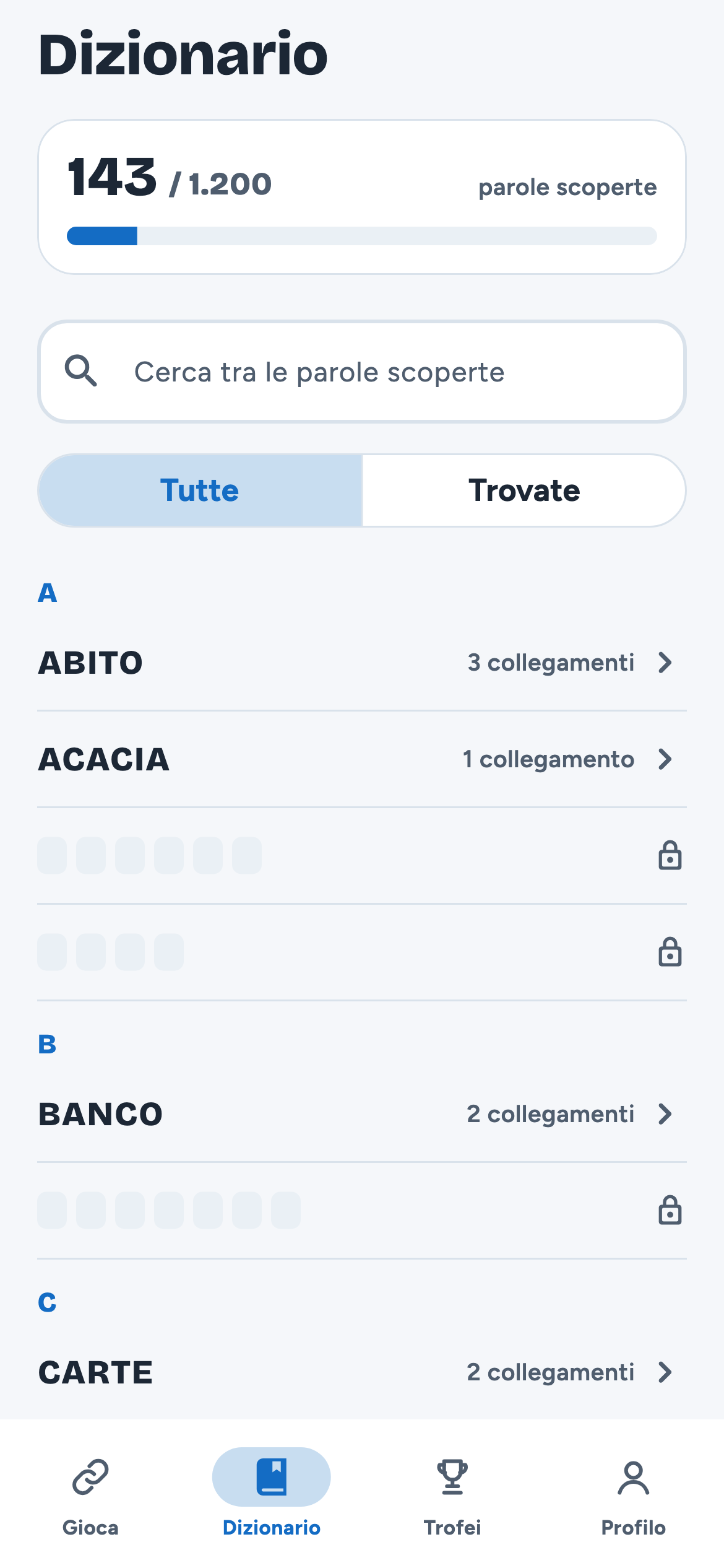 Il dizionario con le parole scoperte